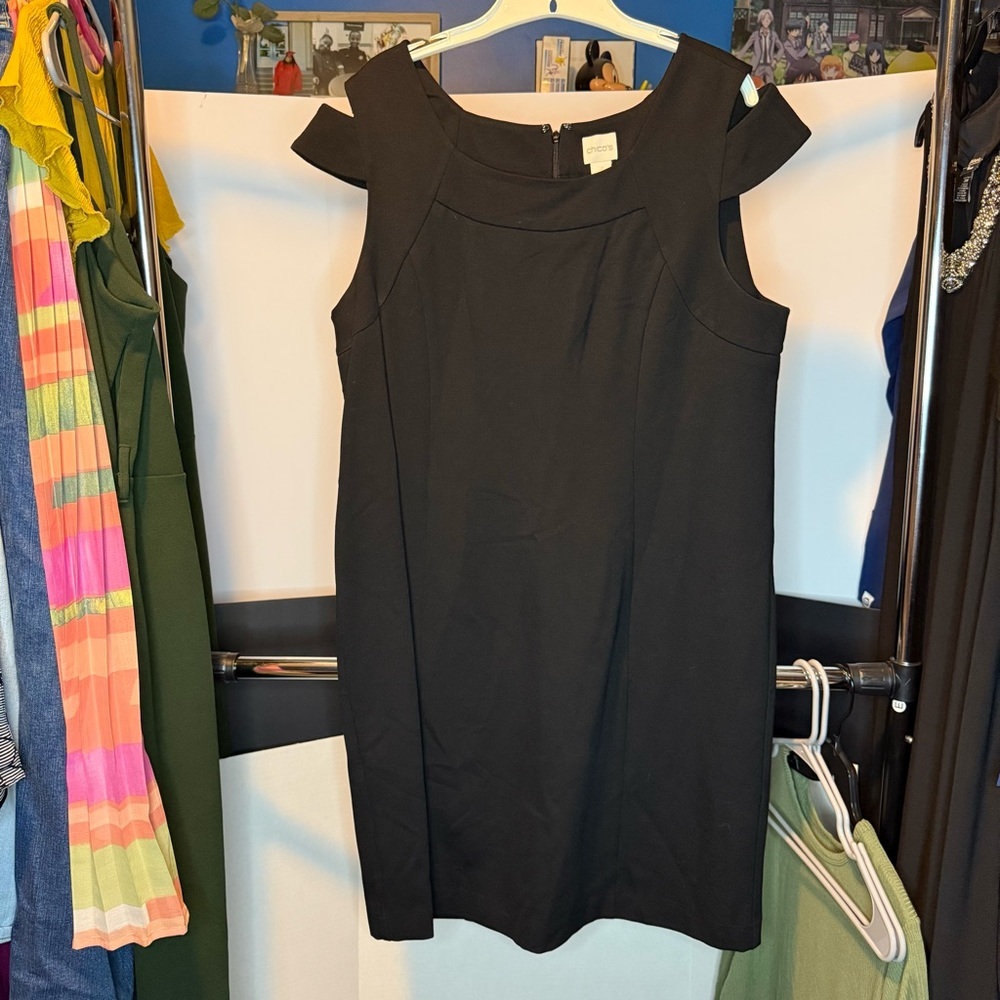 Chico's size 3 Black Cold Shoulder Ponte Shift Dress with back Zipper